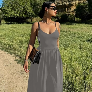 Women's summer grey V-neck backless jumpsuit with spaghetti straps for outdoor leisure