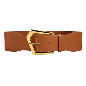 Women's wide caramel elastic waist belt with a geometric gold metal buckle for dresses