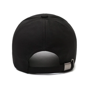 Back view of a classic black men's baseball cap with adjustable metal buckle strap