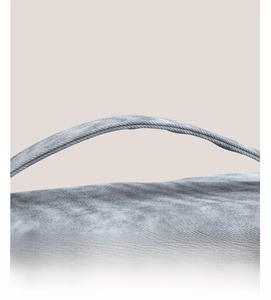 Detail of the soft fabric curved handle on this gray cosmetic travel storage bag
