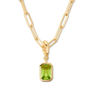 18K gold plated paperclip chain necklace with a green rectangular gemstone pendant