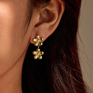 Stainless Steel Double Flower Drop Earrings For Women Vintage Gold Silver Plated Floral Stud Earrings Fashion Jewelry