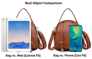 Size reference showing a brown leather crossbody bag next to an iPad and smartphone