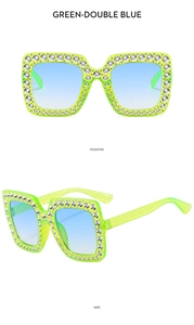 Detail view of square neon green frame sunglasses with double row crystal rhinestones