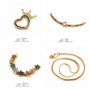 Macro detail of copper pendants with colorful cubic zirconia and gold chain size specs