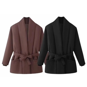 Women's quilted cotton coat in black and brown with adjustable waist belt