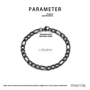 Detailed size parameters of 6mm black Figaro chain bracelet in stainless steel