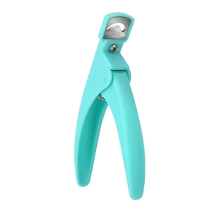 Professional U-shaped nail tip cutter with teal handle and stainless steel metal blade