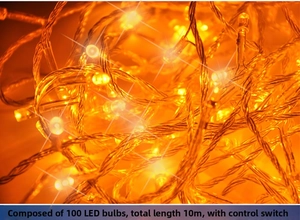 Close-up of 10M 100 LED warm yellow fairy lights with a multi-function control switch