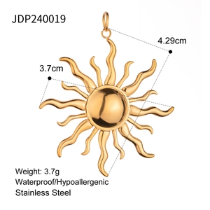 Detail view of gold stainless steel sunburst pendant with size and weight dimensions