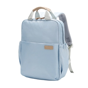 Light blue nylon laptop backpack with beige leather handles and front logo patch