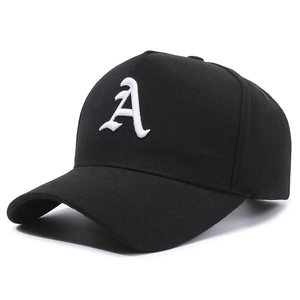 Classic black baseball cap with 3D white embroidered A letter in high crown style