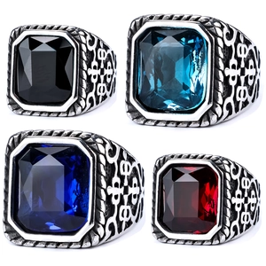 Men Retro Signet Ring 316L Stainless Steel With Rectangular Gemstone Gothic Punk Engraved Jewelry