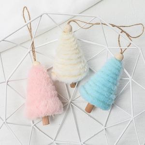 Three-piece plush Christmas tree hanging ornaments in pastel pink, white and blue colors
