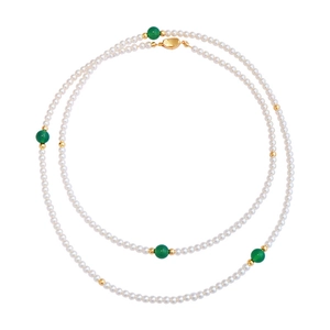 Double-layered white pearl necklace with green beads and gold accents for women