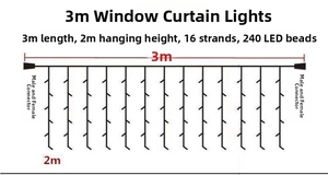 Schema tecnico tenda luminosa LED 3x2m con 240 LED e connettori per decorazioni