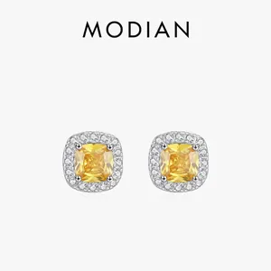 925 Sterling Silver Yellow Cushion Cut Zircon Halo Stud Earrings Geometric Square Elegant Jewelry For Women
