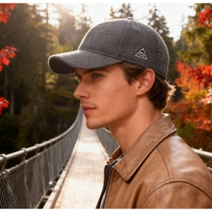 Detail of dark grey textured winter baseball cap with ProHike logo on autumn background