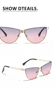 Detailed close-up of cat-eye sunglasses featuring hollow metal temples and purple gradient lenses