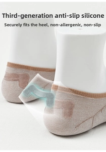 Detail showing L-shaped anti-slip silicone heel grip on breathable cotton low cut socks