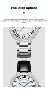 Detailed comparison of steel and leather straps on luxury watch with crystal bezel