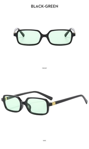 Front and side view of black vintage square sunglasses with green lenses and metal logo