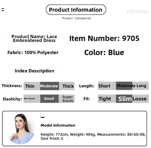 Detailed size chart and fabric specifications for blue embroidered mesh dress