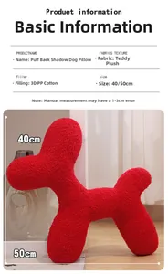Detail of red cartoon dog plush pillow showing soft teddy velvet texture and 3D cotton fill