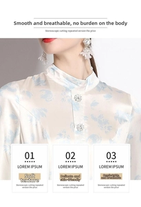 Detail of satin floral dress with mandarin collar and premium silk texture finish