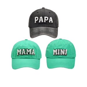 Family set of washed cotton baseball caps with PAPA MAMA MINI towel embroidery