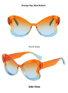 Front and side views of butterfly-shaped sunglasses with orange to blue gradient lenses