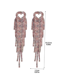 Detailed size measurement of pink rhinestone tassel earrings with heart shaped top