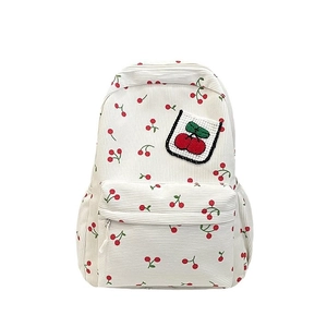 Zaino scolastico carino in velluto a coste bianco con ricami di ciliegie rosse
