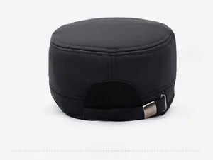 Rear view of black flat top winter cap showing the adjustable metal buckle and seam detail
