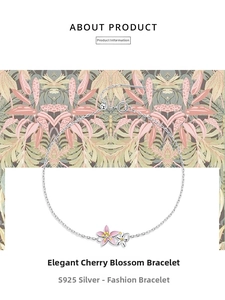 Detailed macro view of S925 silver sakura bracelet with pink enamel charms and slider clasp