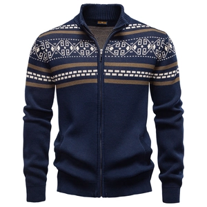 Men Zip Up Knit Cardigan Sweater Cotton Blend Stand Collar Long Sleeve Jacquard Pattern Slim Fit Urban Casual