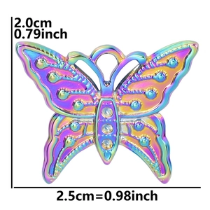 Rainbow butterfly pendant with crystals and dimensions 2.0x2.5cm displayed on white background