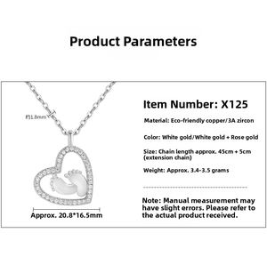 Detailed size chart of a silver heart necklace with zircon baby footprints pendant