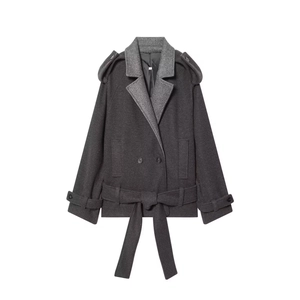 Women Woolen Jacket Double Breasted Belted Coat British Style Color Block Lapel Casual Commuter Outerwear