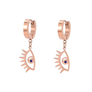 Luxury rose gold titanium evil eye hoop earrings with a small blue gemstone drop