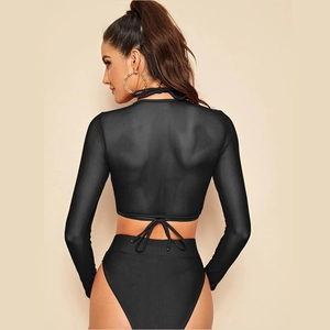 Three-piece black bikini with mesh long sleeve cover-up and high waist bottoms