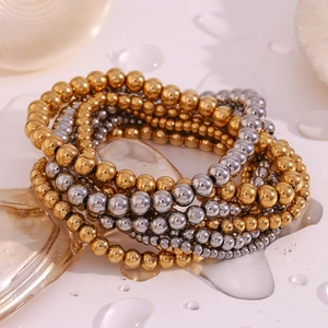 Stainless Steel Elastic Beaded Bracelet Gold Plated Waterproof Minimalist Retro Stackable Fashion Jewelry For Women Men