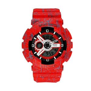 Waterproof digital sports watch with red and grey graffiti pattern and large resin dial