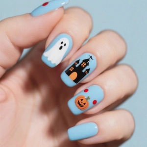 Halloween Press On Nails ABS Plastic Ghost Pumpkin Castle Pattern Light Blue Square False Nails DIY Manicure For Women
