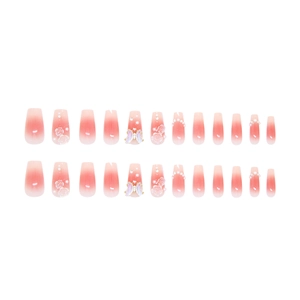 24 faux ongles ombré roses avec roses 3D, papillons et décorations de perles élégantes