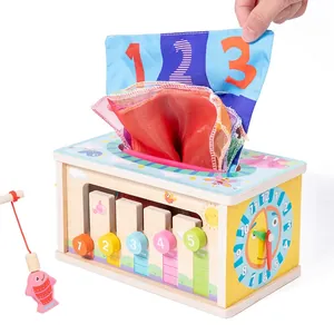 Multifunctional wooden baby tissue box toy with clock, numbers and fishing game functions