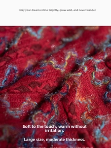 Gros plan d'un châle ethnique rouge en tricot avec tissage coloré et franges
