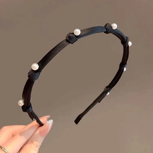 Black Satin Fabric Artificial Pearl Bow Headband Elegant French Style Retro Hair Hoop For Women Chic Hair Accessory