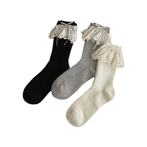 Lace bow cotton socks in black, grey, and cream white displayed on white background