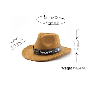 Detail of suede cowboy hat showing 58cm head size and white totem embroidery detail